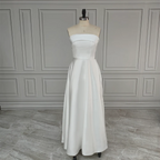 100% Real Photos Simple Sleeveless Strapless Satin Long Train A-line Wedding Dress Bridal Evening Prom Dress for Plus Size Women
