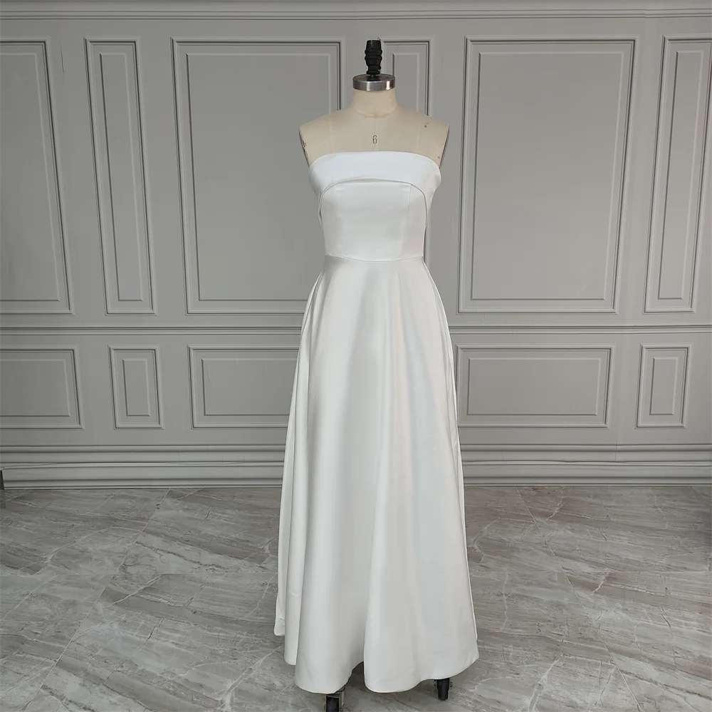 100% Real Photos Simple Sleeveless Strapless Satin Long Train A-line Wedding Dress Bridal Evening Prom Dress for Plus Size Women