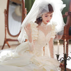 2209# Real Photos Vintage Renaissance 1920s Exquisite Appliques Pearls Lace Wedding Dress Sweep Train Bridal Gown Ball Gown