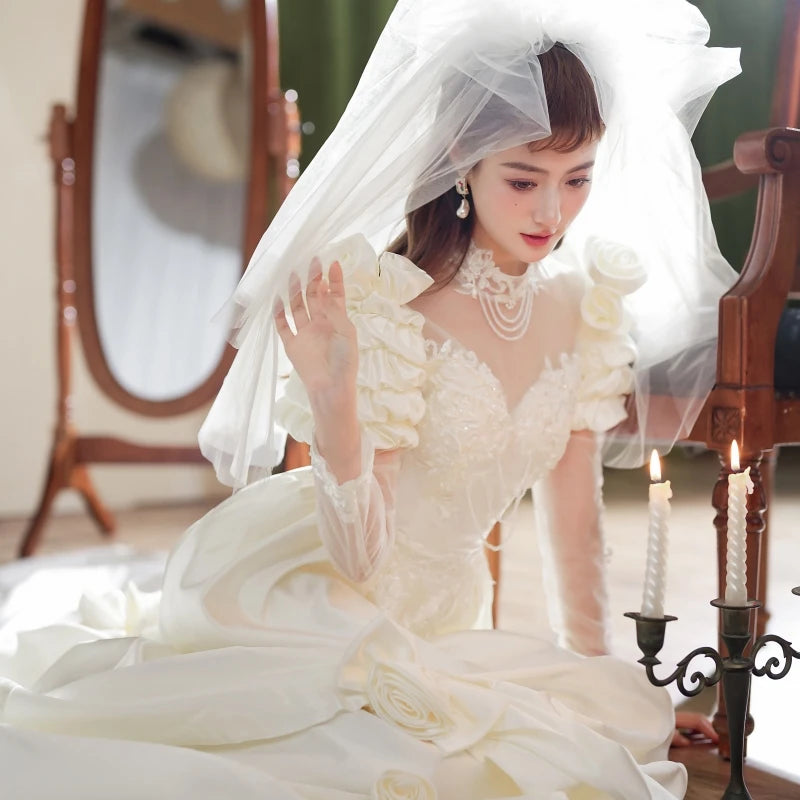 2209# Real Photos Vintage Renaissance 1920s Exquisite Appliques Pearls Lace Wedding Dress Sweep Train Bridal Gown Ball Gown
