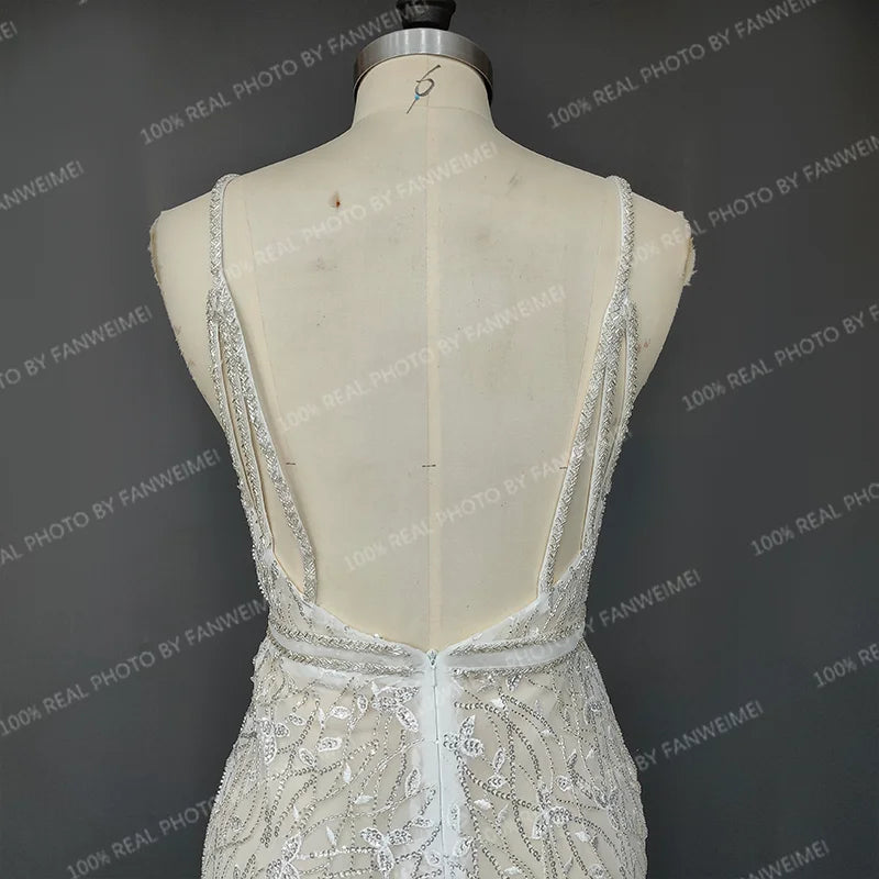 Real Photos Sexy Spaghetti Straps Deep V Neck Beading  Sequined Lace Wedding Dress Backless Mermaid Bridal Gown for Women