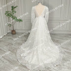 Real Photos High Quality Elegant V-Neck Lace A-line Wedding Dress for Bride Women Long Sleeves Backless Bridal Gown