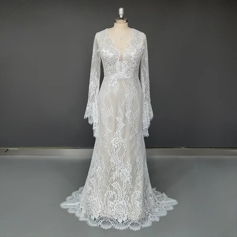 Real Photos Boho Long Sleeves V-Neck Appliques Lace Wedding Dress for Woman Backless Sweep Train Bridal Gown for Wedding