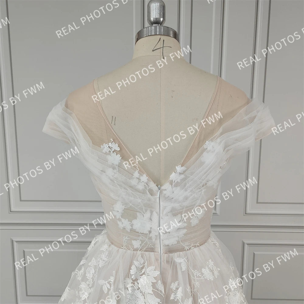 Real Photos Off Shoulder V-neck Backless A-line Wedding Dress Elegant Ruffles Lace Sweep Train Bridal Gown Bridal Dress