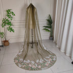 Real Photos Dark Green Embroidered Wedding Veil with Hand-stitched Lace Trim Suitable for Women to Wear at an Outdoor Wedding