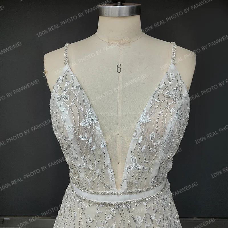 Real Photos Sexy Spaghetti Straps Deep V Neck Beading  Sequined Lace Wedding Dress Backless Mermaid Bridal Gown for Women