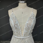 Real Photos Sexy Spaghetti Straps Deep V Neck Beading  Sequined Lace Wedding Dress Backless Mermaid Bridal Gown for Women
