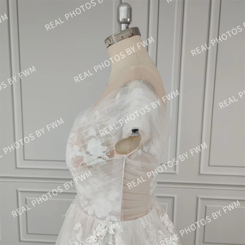 Real Photos Off Shoulder V-neck Backless A-line Wedding Dress Elegant Ruffles Lace Sweep Train Bridal Gown Bridal Dress
