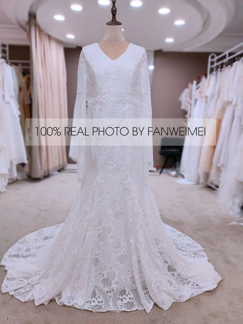 #9094  REAL PHOTOS by FANWEIMEI Backless V-Neck Long Bell Sleeve Boho Bohemian Lace Sweep Train Gown Bridal Wedding Dress