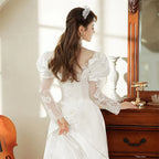 2210# Real Photos Vintage Exquisite Appliques Pearls Lace Wedding Dress Sweep Train Bridal Gown Puffy Sleeves Princess Ball Gown