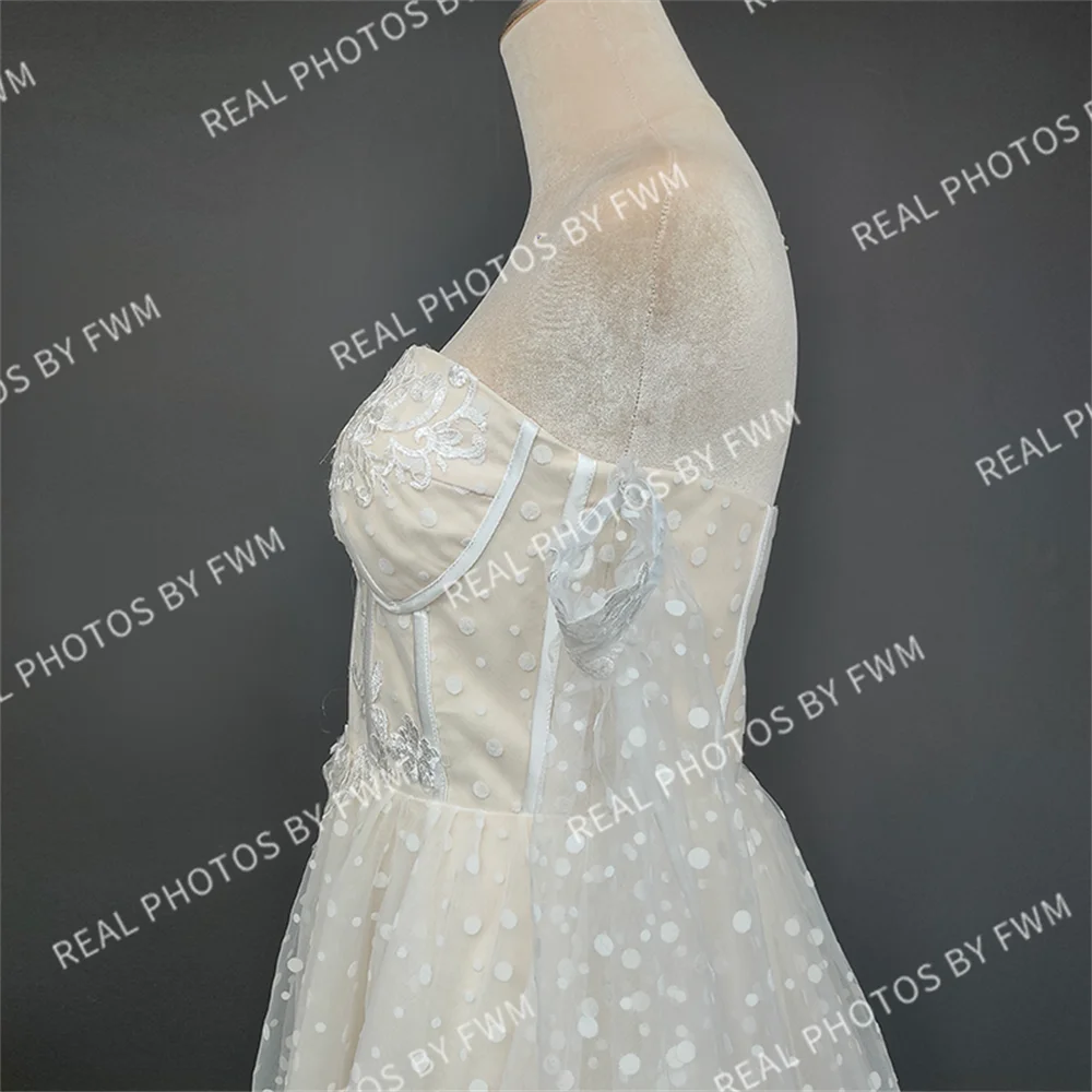 Real Photos Classic Boho Sweetheart A-Line Strapless Long Sleeves Backless Beach Sweep Train Lace Wedding Dress Bridal Gown