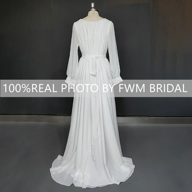 8239#  Real Photos Split Front V-neck Pleat Soft Chiffon Wedding Dress Elegant SweepTrain Bridal Gown With Long Sleeves