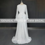 8239#  Real Photos Split Front V-neck Pleat Soft Chiffon Wedding Dress Elegant SweepTrain Bridal Gown With Long Sleeves