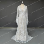 Real Photos Boho Long Sleeves V-Neck Appliques Lace Wedding Dress for Woman Backless Sweep Train Bridal Gown for Wedding