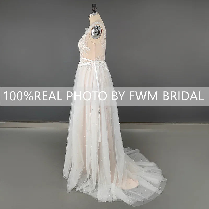 8416# Real Photos Modern Appliques Lace With Pearls Straps Sweep Train Wedding Dress Backless Bridal Gown