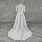 Real Photos Classic Short Sleeves High Neck Satin A-line Wedding Dress Sweep Train Bride Gown for Women Vestido De Novia