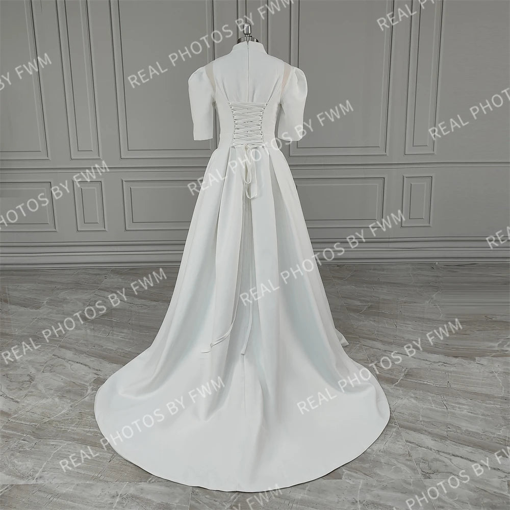 Real Photos Classic Short Sleeves High Neck Satin A-line Wedding Dress Sweep Train Bride Gown for Women Vestido De Novia