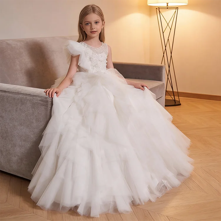 Custom Puffy Sequined Beaded Lace Appliques Tiered Tulle Flower Girl Dress with Sweep Train for Wedding/Party/Stage/Pageant