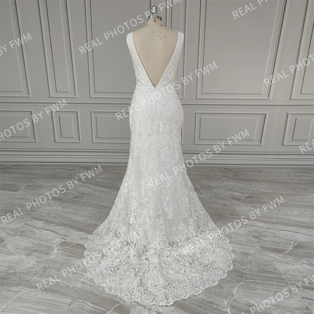 Real Photos V-neck Appliques Sequined Lace Mermaid Wedding Dress Elegant Backless Bride Gown for Women Vestidos De Novia