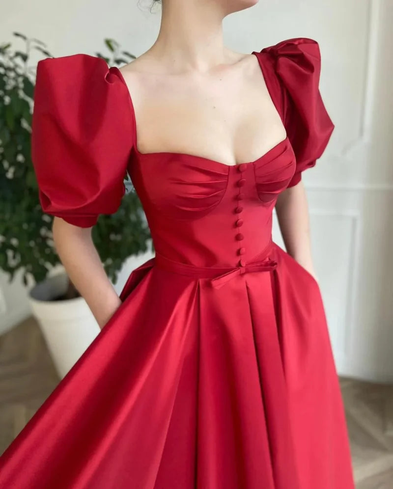 15178# Real Photos Puffy Sleeves Slit A-line Satin Wedding Party Dress Evening Prom Gown for Women  Evening Dress Formal Dress