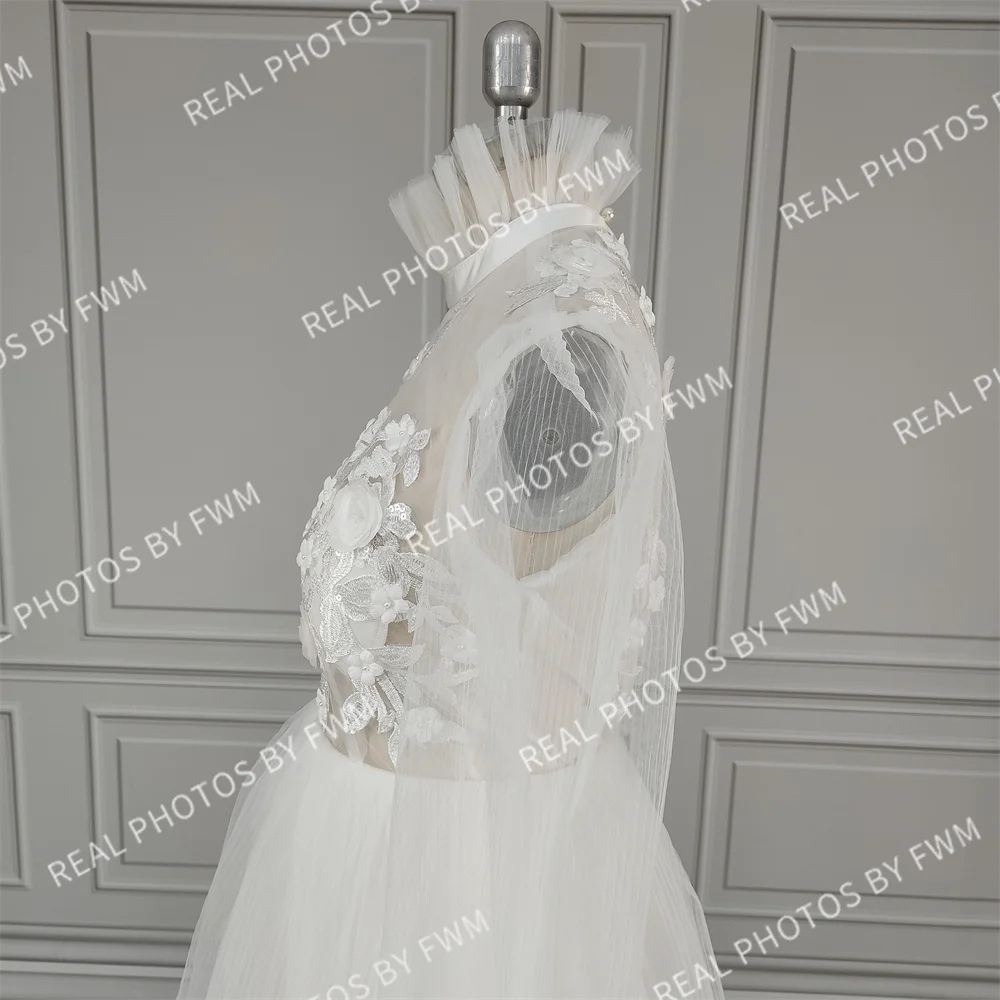 10707# Real Photos High Neck Sexy Long Sleeve A-Line Mini Tulle Boho Open Back Lace Applique Wedding Dress Wedding Bridal Gown