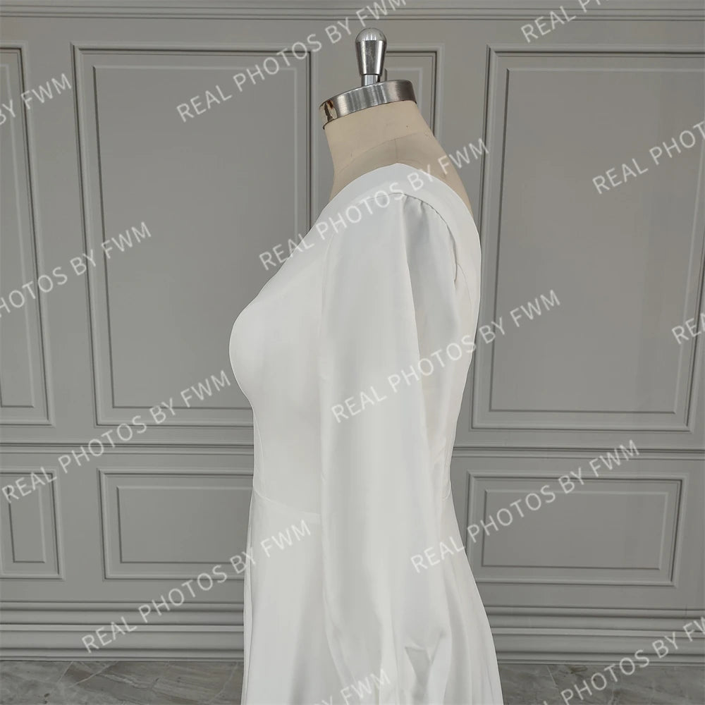 100%  Real Photos Simple Long Sleeves Boat Neck A-line Chiffon Wedding Dress Low Back Bride Gown for Women Vestido De Novia