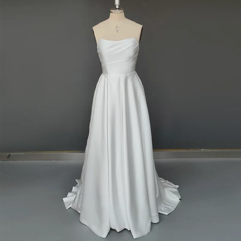 Real Photos Gorgeous Strapless Sleeveless A-Line Simple Sweep Train Satin Wedding Dress Side Slit Bridal Gown for Women