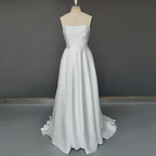Real Photos Gorgeous Strapless Sleeveless A-Line Simple Sweep Train Satin Wedding Dress Side Slit Bridal Gown for Women