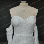 Real Photos Bohemian Low Back Lace Flare Sleeves Sweetheart Strapless Tassel Chiffon Wedding Dress Bridal Gown for Wedding
