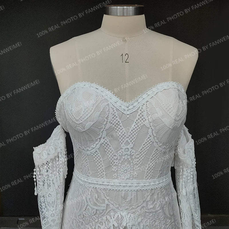 Real Photos Bohemian Low Back Lace Flare Sleeves Sweetheart Strapless Tassel Chiffon Wedding Dress Bridal Gown for Wedding