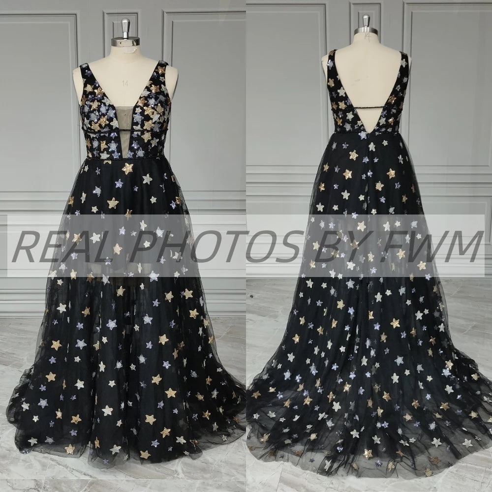 15277# Real Photos Casual Shiny Stars Tulle V-neck Backless Wedding Bridal Gown Birthday Party Dress Women Prom Evening Dress