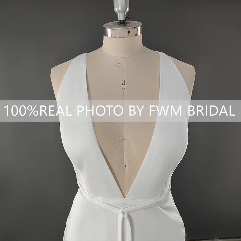 11560#Real Photo Elegant Open Back Deep V-Neck Soft Satin Sweep Train Sleeveless Sheath Wedding Dress Wedding Gown Bridal Gown