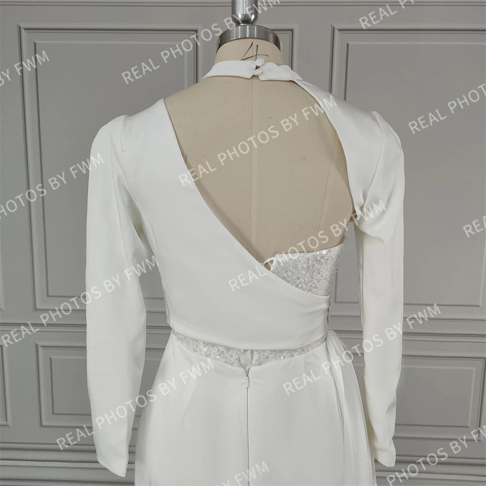 Real Photos Sexy Beading High Side Slit  Satin Wedding Dress Bridal Gown for Women With Detachable Sleeves