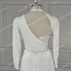 Real Photos Sexy Beading High Side Slit  Satin Wedding Dress Bridal Gown for Women With Detachable Sleeves