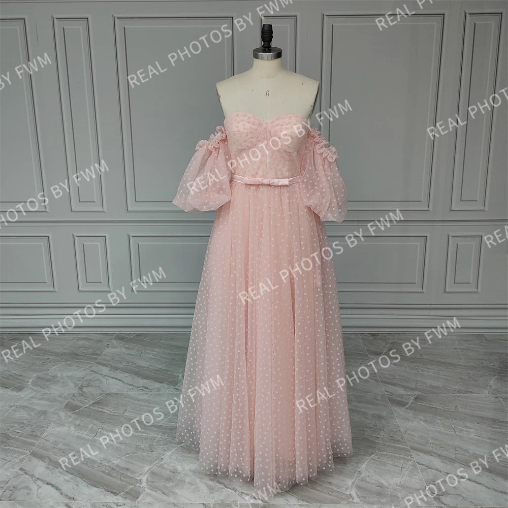15210# Real Photos Puffy Short Sleeves Pink Hearts Pattern Tulle A-line Evening Dress Party Prom Gown With Belt for Women