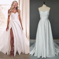 10219# Real Photos Simple Sweep Train A-line Split Front Wedding Dress Modern Strapless Backless Satin Bridal Gown