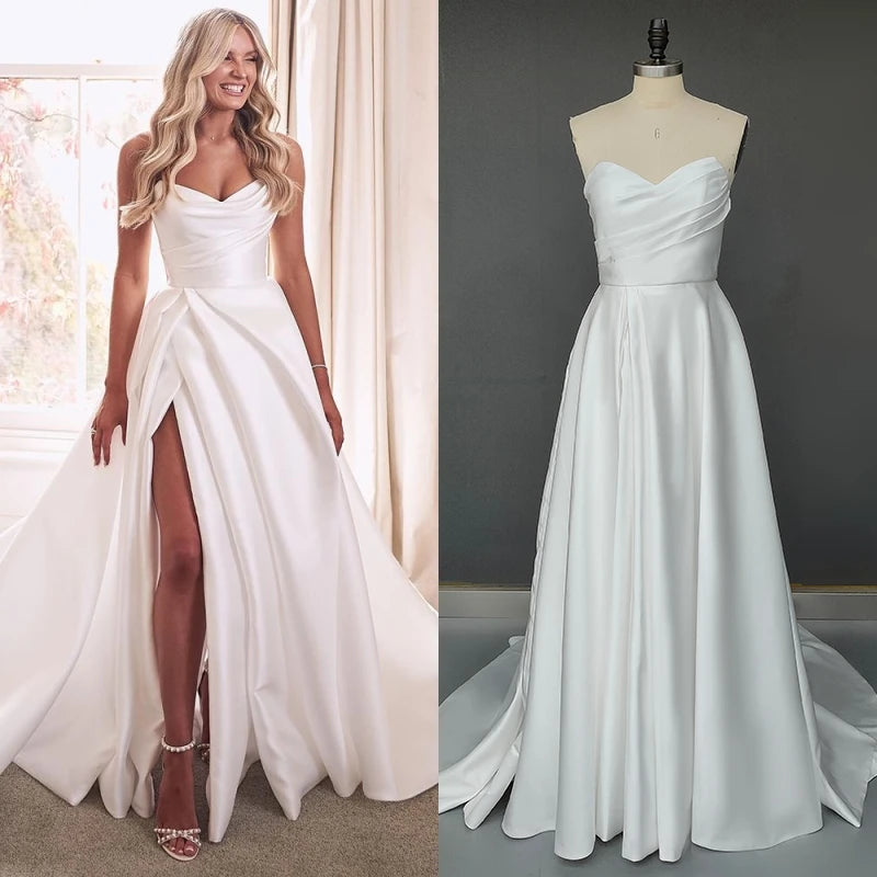 10219# Real Photos Simple Sweep Train A-line Split Front Wedding Dress Modern Strapless Backless Satin Bridal Gown