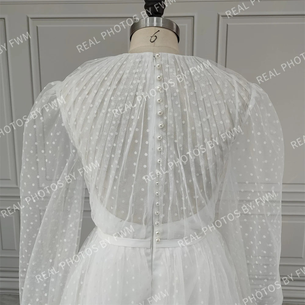 Real Photos Summer Polka Dot Tulle Mini Wedding Dress Long Train Bridal Gown Ruffles Evening Party Dress With Puffy Sleeves15398