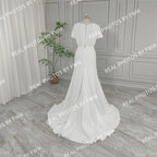 Real Photos High Quality Simple Boat Neck Soft Satin Wedding Dress Elegant Women Short Sleeve Bride Gown With Pearls Button