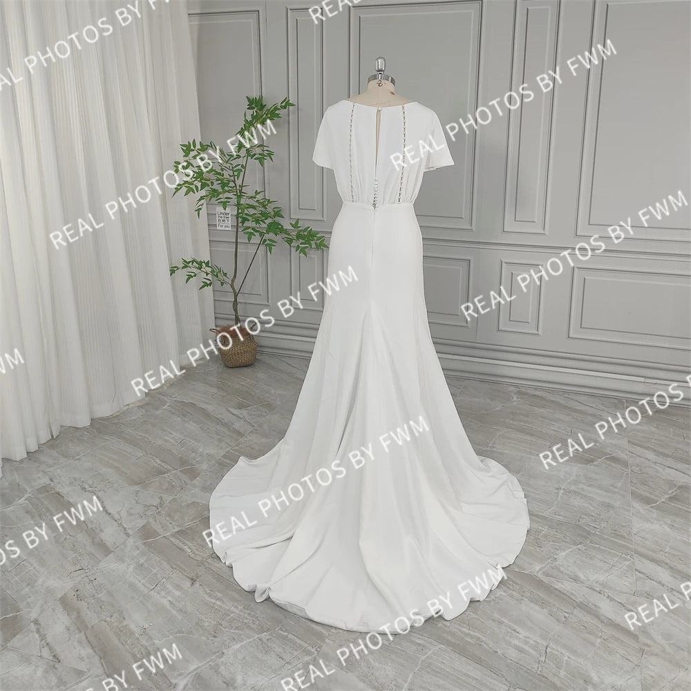 Real Photos High Quality Simple Boat Neck Soft Satin Wedding Dress Elegant Women Short Sleeve Bride Gown With Pearls Button