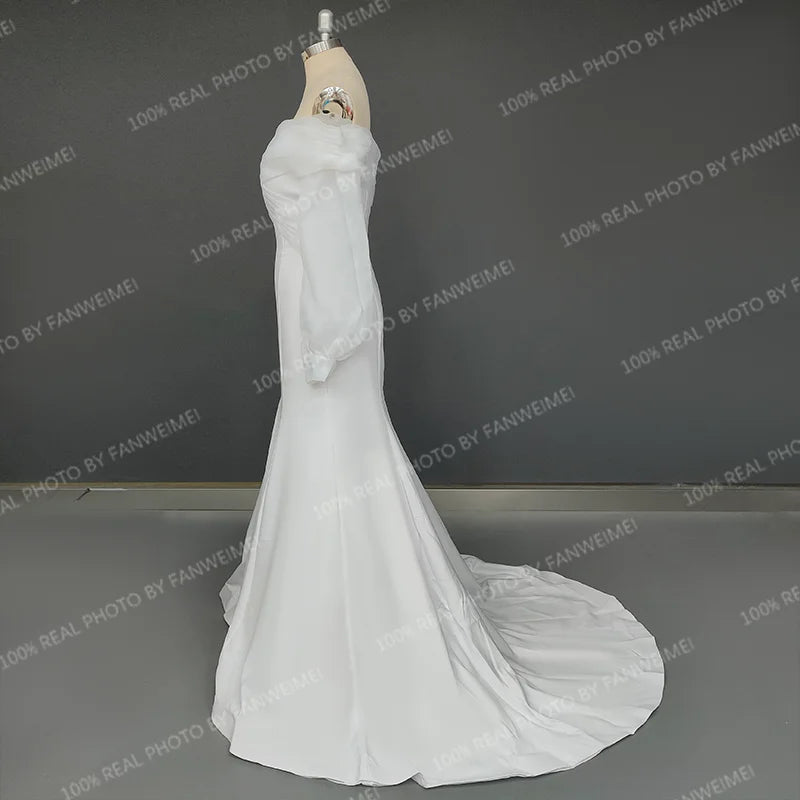 Real Photos Off Shoulder Lantern Sleeves Sheath Soft Satin Ruched Sweep Train Wedding Dress Low Back Bridal Gown for Women