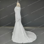 Real Photos Off Shoulder Lantern Sleeves Sheath Soft Satin Ruched Sweep Train Wedding Dress Low Back Bridal Gown for Women