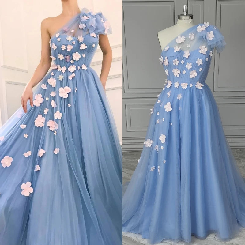 15203# Real Photos One Shoulder 3D Flowers Lace A-line Wedding Gown Birthday Party Dress for Plus Size Women Prom Evening Dress