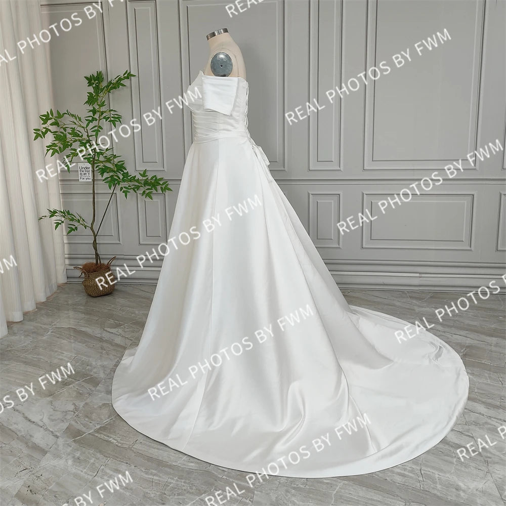 Real Photos High Quality Strapless Pleat Satin A-line Wedding Dress Elegant Side Split Bridal Gown With Detachable Sleeves