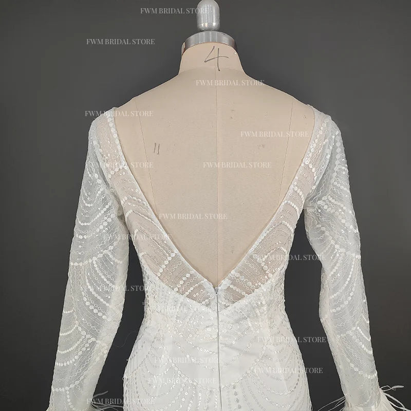 8990#Real Photos Exquisite Illusion Lace Backless Boat-neck Short Wedding Evening Dress Elegant Feather Long Sleeve Bridal Gown