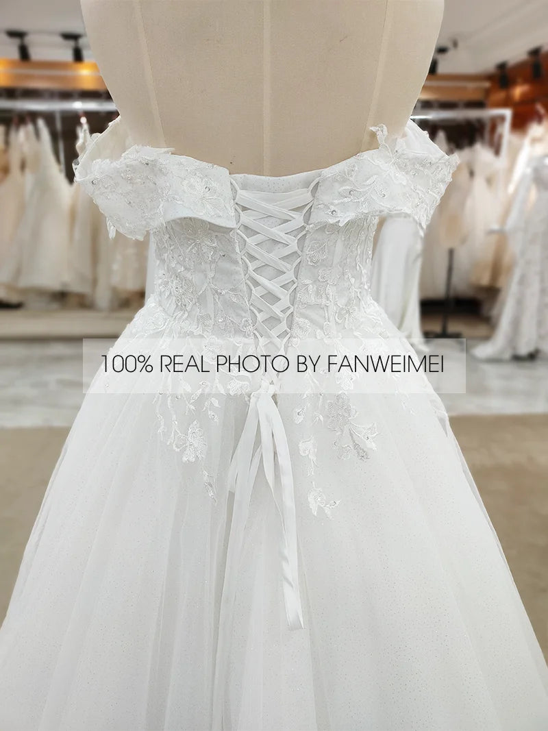 9177#Real Photos Strapless Off-Shoulder Sweetheart Short Sleeve Backless Lace Applique  Bride Gown Wedding Dress Elegant