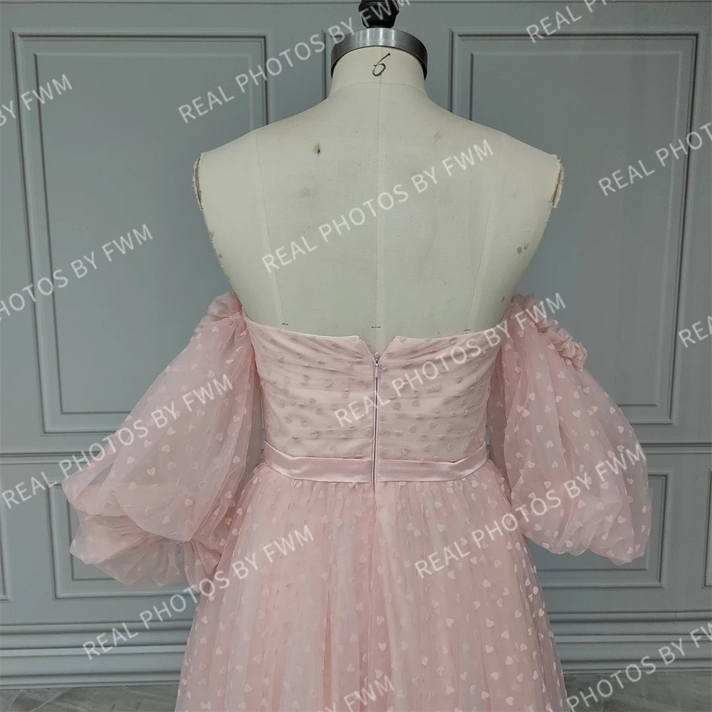 15210# Real Photos Puffy Short Sleeves Pink Hearts Pattern Tulle A-line Evening Dress Party Prom Gown With Belt for Women