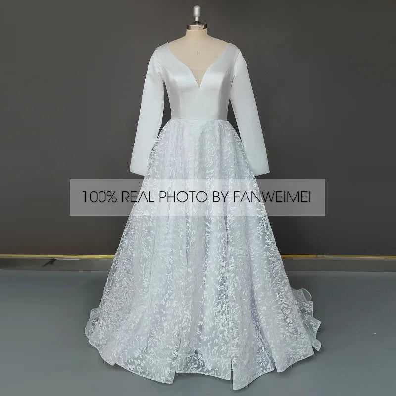 Real Photos Elegant Full Sleeves V-Neck A-line Satin Wedding Dress Appliques Lace Sweep Train Backless Bride Gown for Women