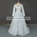 Real Photos Elegant Full Sleeves V-Neck A-line Satin Wedding Dress Appliques Lace Sweep Train Backless Bride Gown for Women