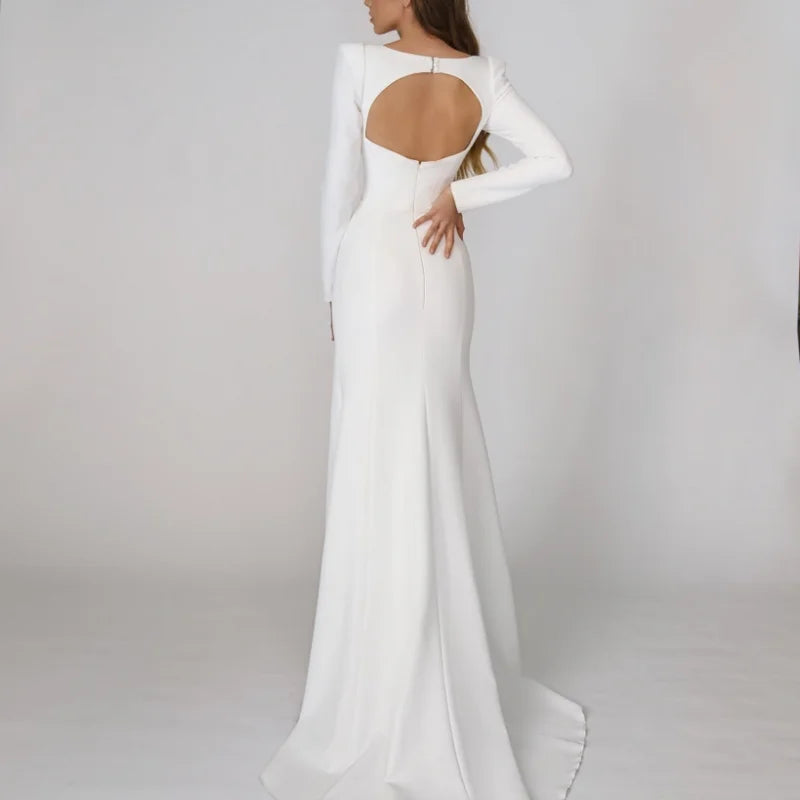 Real Photos Elegant Long Sleeves Square Collar Soft Satin Wedding Gown Engagement Dress for Plus Size Women Prom Evening Dresses
